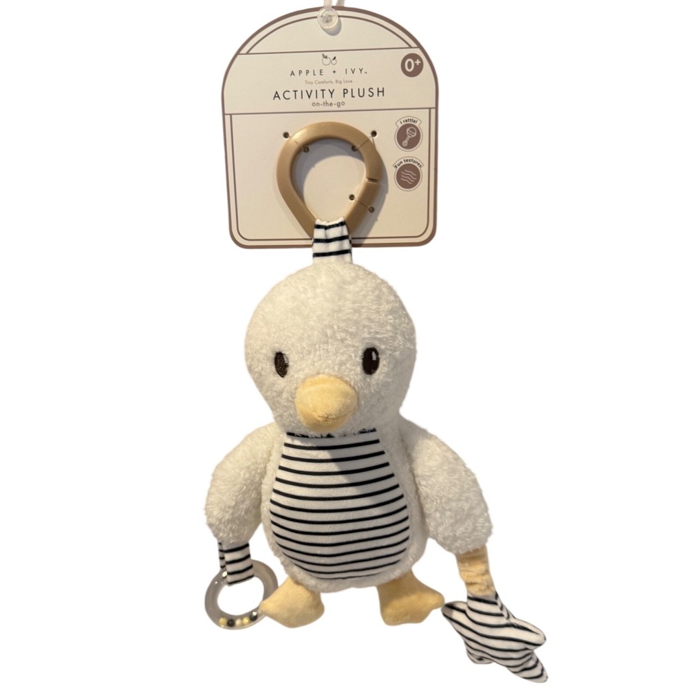 Apple + Ivy Activity Plush On-The-Go Duck Rattle Stroller Toy White Striped NEW